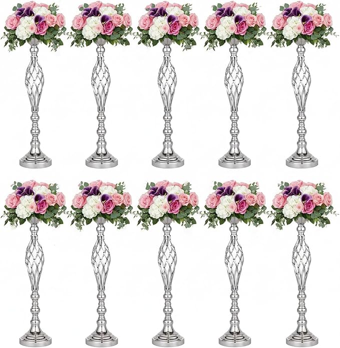 Silver Wedding Vases for Table Centerpieces - Set of 10 Twist Candleholder Stands, Elegant Floral Arrangement Vases, Metal Centerpieces for Reception Table Wedding Road-Leading Home Decor