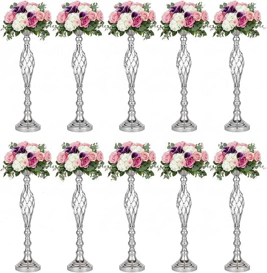 Silver Wedding Vases for Table Centerpieces - Set of 10 Twist Candleholder Stands, Elegant Floral Arrangement Vases, Metal Centerpieces for Reception Table Wedding Road-Leading Home Decor