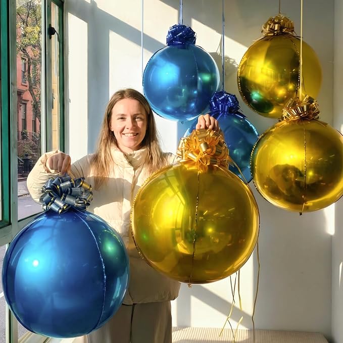 6 Pack Royal Blue and Gold 4D Orb Balloons - 22 Inch Large Metallic Sphere Mylar Balloons with Pull Bows, Hanging Ceiling Decorations for 2026 Graduation, Father's Day, Men's Birthday Party