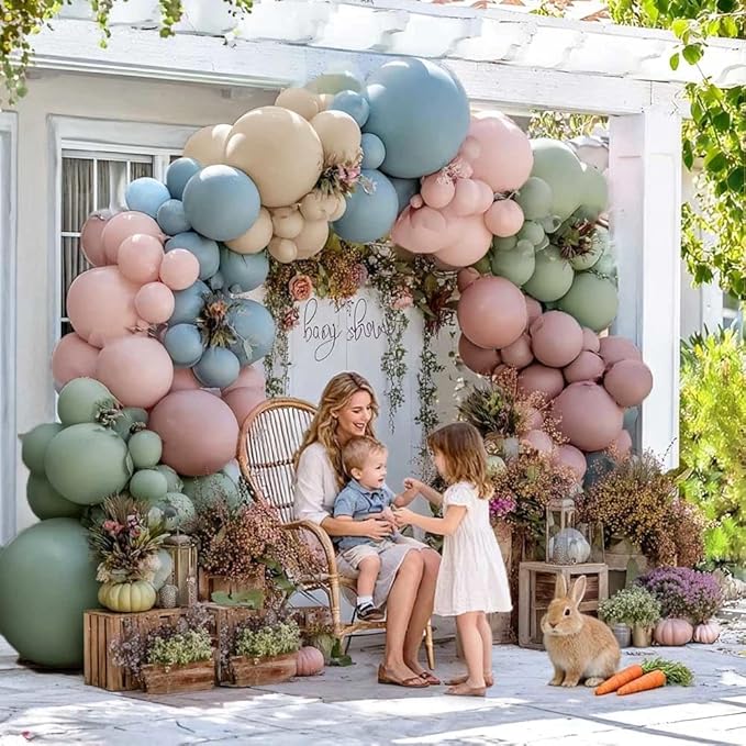Pink Blue Green Balloon Arch Double Stuffed Dusty Green Pastel Blue Blush Mauve Latex Balloon Garland Kit for Boho Baby Shower Gender Reveal Floral Birthday Tea Party Decoration