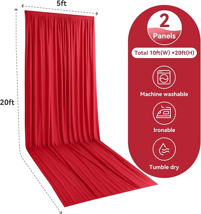 10ft x 20ft Red Ceiling Drapes for Wedding Parties, 2 Panels Wrinkle Free Thick Polyester 20ft Extra Long Wedding Draping Red Ceiling Curtains Arch Drapery for Birthday Party Canopy Tent Decor