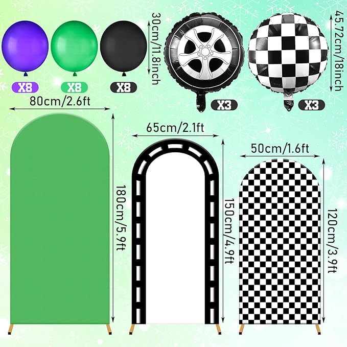 Foilswirl 34 Pcs Arch Backdrop Covers Monster Truck Party Decorations 4ft 5ft 6ft Monster Truck Checkered Backdrop with Green Purple Black Balloon Backgrounds for Birthday Party Supplies