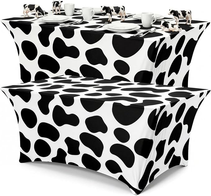 Frienda 2 Pcs Cow Pattern Tablecloth Stretch Spandex Black and White Cow Pattern Table Cover 71 x 30'' Rectangle Tablecloth for Farm Animal Themed Birthday Baby Shower Party Decorations