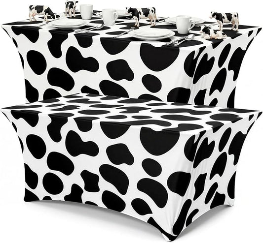 Frienda 2 Pcs Cow Pattern Tablecloth Stretch Spandex Black and White Cow Pattern Table Cover 71 x 30'' Rectangle Tablecloth for Farm Animal Themed Birthday Baby Shower Party Decorations