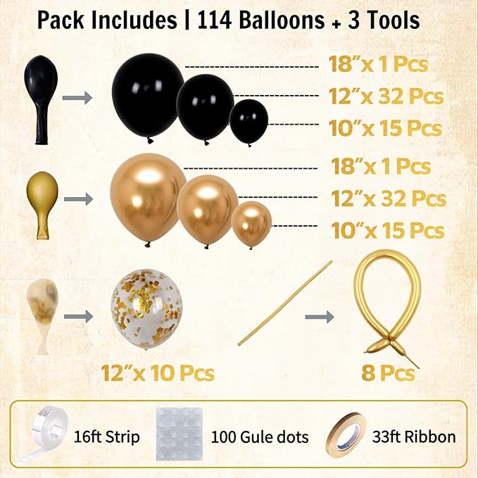 Black and Gold Balloon Arch Kit - 114 Pcs Black and Gold Balloons Garland with Confetti & Long Balloons for Men Birthday Graduation 2026 New Years Eve Retirement Party Decorations