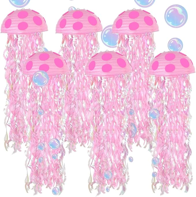 18 Pcs Under The Sea Party Decorations-6 Pcs 10'' Hanging Jellyfish Paper Lanterns -Crepe Paper Bubble Garlands for Mermaid Birthday Decorations Shower Ocean Theme Classroom & Beach Room Decor Pink