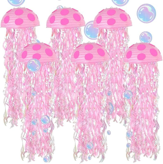 18 Pcs Under The Sea Party Decorations-6 Pcs 10'' Hanging Jellyfish Paper Lanterns -Crepe Paper Bubble Garlands for Mermaid Birthday Decorations Shower Ocean Theme Classroom & Beach Room Decor Pink
