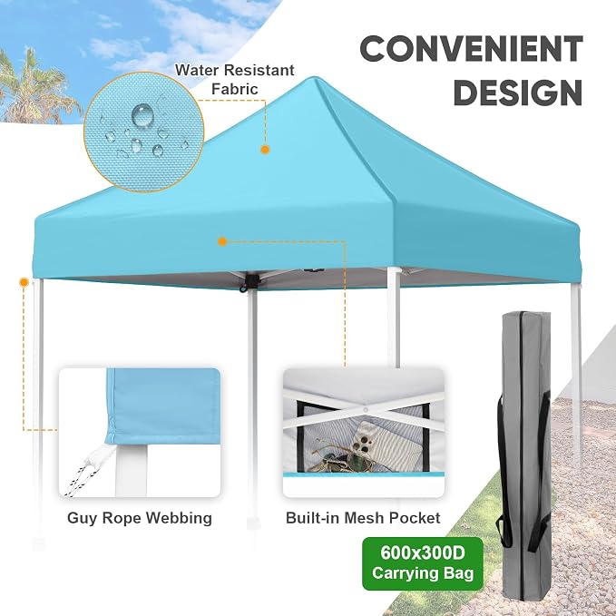 COOS BAY 5x5 Pop Up Canopy Tent, Portable Lightweight Sun Shelter with Carry Bag, Easy Setup Outdoor Canopy for Beach, Camping, Sports & Backyard Shade, Light Blue