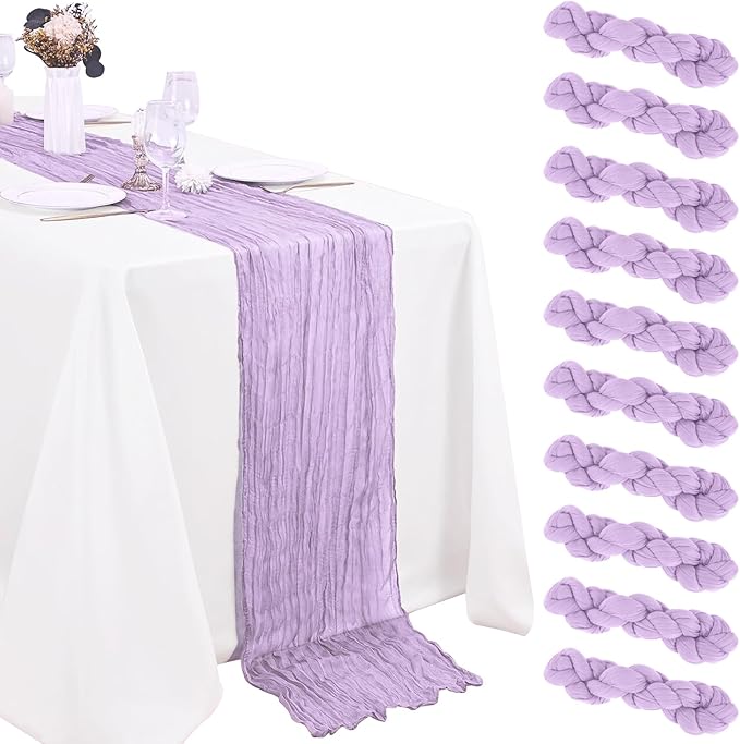 10 Pack Lavender Cheesecloth Table Runner 10FT Boho Gauze Fabric Cheese Cloth Table Runners for Wedding ,Party,Baby Shower, Bridal Party, Rustic Farmhouse and Table Decorations