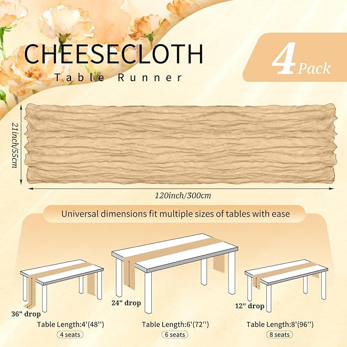 4 Pack Cheesecloth Table Runner 10FT Nude Table Runner Boho Gauze Cheese Cloth Table Runners Long Rustic Sheer Table Decorations for Wedding Party Baby Bridal Shower Birthday Holiday Home