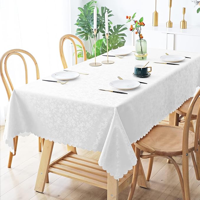 Smiry Rectangle Table Cloth, Waterproof Heavy Duty Vinyl Tablecloths, Wipeable Washable Table Cover for Kitchen and Dining Room (White, 60" X 144")