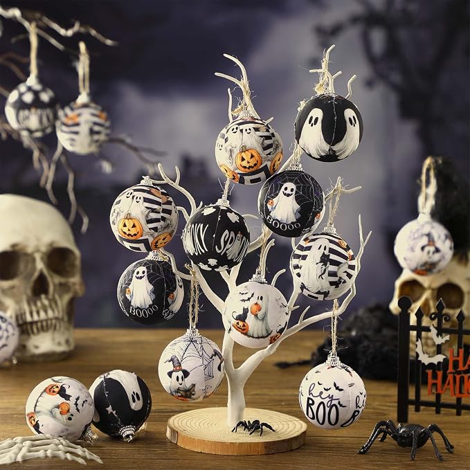 Outus 16 Pcs Halloween Ornaments for Tree Boo Ghost Halloween Ball Hanging Decorations Ghost Vintage Decorative Mini Ball Ornaments Set for Farmhouse Home Indoor Fireplace Holiday Party Favors