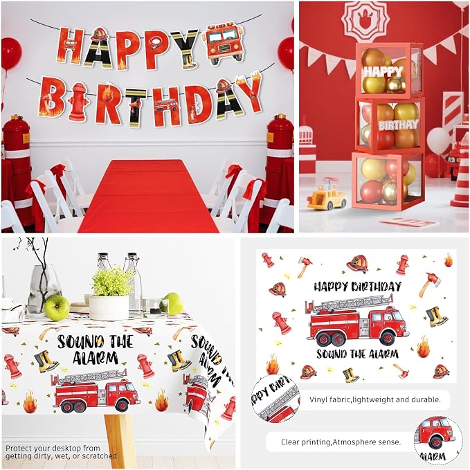 234pcs Firetruck Birthday Decorations, All-in-one Set Includes 300gsm Paper Plates Waterproof Plastic Tablecloth and 105 Balloons, Fire Truck Birthday Decorations for Firefighter Party