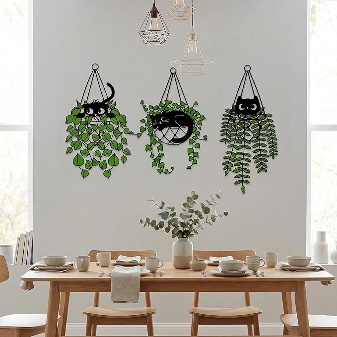 Fiwochic 3 Pcs Black Cat Metal Wall Decor Cute Black and Green Cat Botanical Wall Art Leaves Art Hanging Plant Decoration for Cats Lover Minimalist Room Living Room Patio Decor Gift
