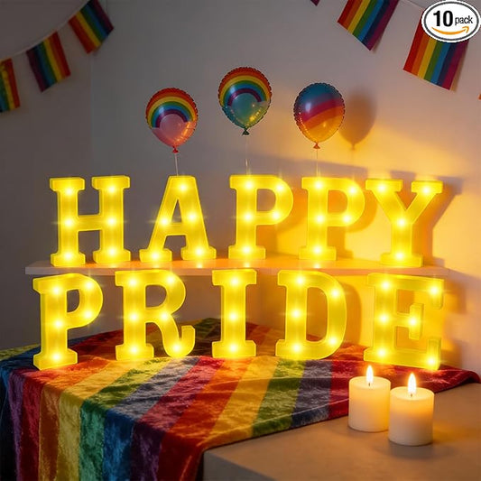 Aurelema 10 Pcs Happy Pride Decorations Pride LED Letter Sign Battery Powered Rainbow Party Deco Transgender Pansexual Bisexual LGBT Gay Table Decorations for Party Supplies