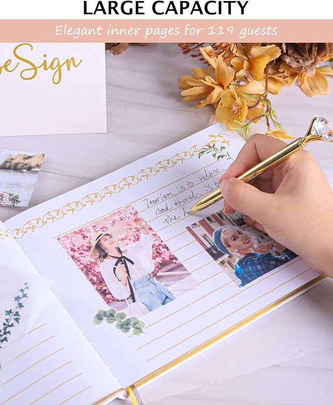 Wedding Guest Book - Guest Book Wedding Reception with Pens - 9x7'' Personalized Wedding Guestbook Photo Album Sign in Book - Gold Foil Hardcover & Gilded Edges, for Weddings, Baby Shower, Party