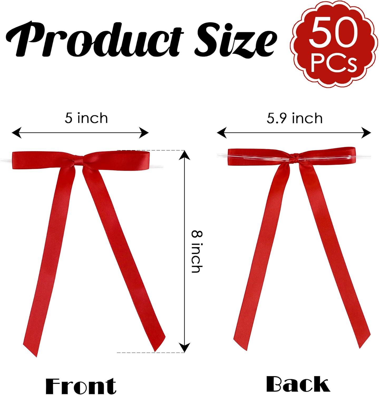 50 PCs Red Bow 5 Inch Long Tail Bows for Gift Wrapping, Easter Bow Party Decorations, Twist Tie Bows, Satin Bows for Crafts, Premade Bows for Presents, Treat Bags, Bottles, Cakes