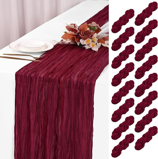 16 Pack Burgundy Cheesecloth Table Runner 120 Inch 10FT Spring Boho Rustic Sheer Gauze Cheese Cloth Table Runner for Wedding Baby Shower Birthday Party Table Decor