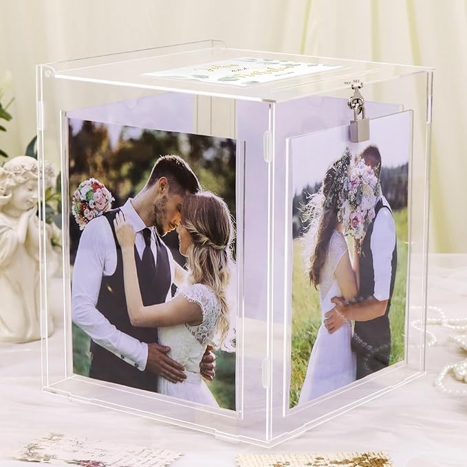 Acrylic Wedding Card Box with Picture Frame, Clear Gift Card Box for Wedding Reception, Large Rotatable Money Envelope Card Box Holder with Lock for Graduation Party Birthday Baby Shower
