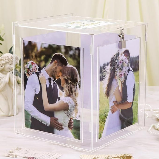 Acrylic Wedding Card Box with Picture Frame, Clear Gift Card Box for Wedding Reception, Large Rotatable Money Envelope Card Box Holder with Lock for Graduation Party Birthday Baby Shower