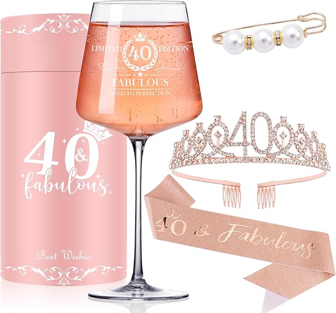 40TH Birthday Gifts for Women Her,40th Birthday Sash,Crown,Rhinestone Tiara,Vintage Engraved Wine Glass,40 Year Old Birthday Decorations For Her,Women,Mom,Wife,Friends,Sister-Turning 40 Present