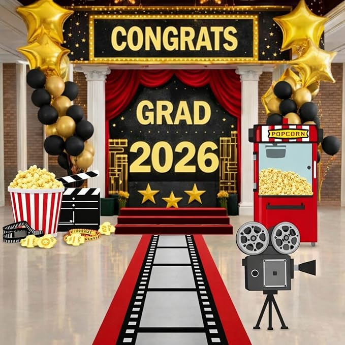 Honoson 4 Pcs Large 20" x 30" Graduation Movie Theme Party Decorations Red Carpet Cardboard Cutouts Photo Booth Props for Movie Night Theater Academy Awards Birthday Supplies Camera Popcorn