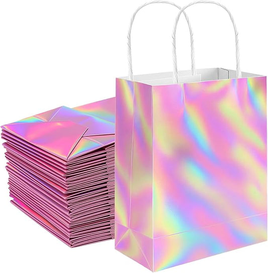 Shintop 30Pcs Pink Iridescent Gift Bags with Handles, Small Holographic Paper Party Favor Bags Reusable Goodie Tote for Valentine’s Day, Wedding, Bridal Shower (8.3 x 5.9 x 3.1 in)