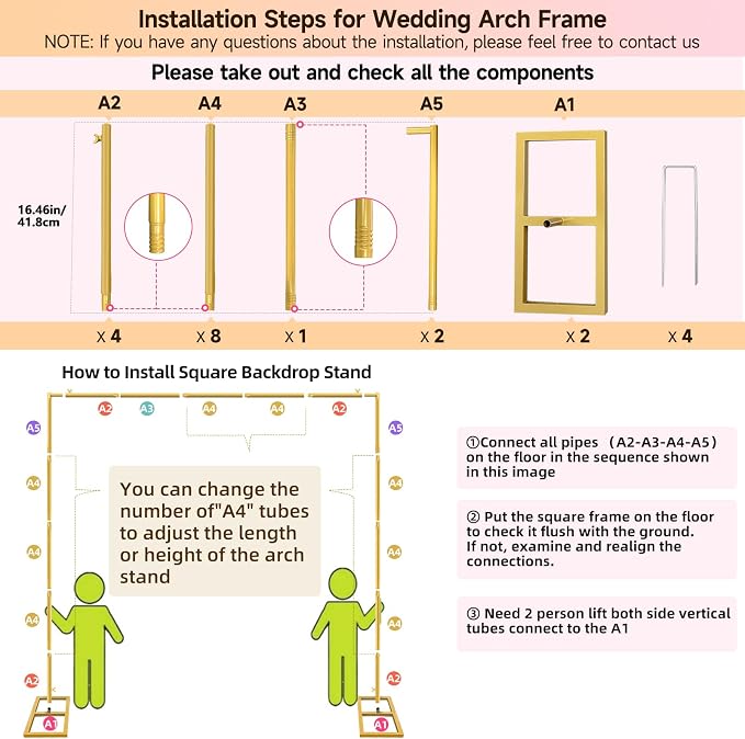 Wedding Arch Backdrop Stand Square 6.6FTx6.6FT Gold Metal Balloon Arch Stand Garden Arbor Backdrop Frame for Wedding Birthday Party Baby Shower Photo Booth Background Decoration