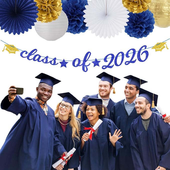 2026 Blue Class-Congratulations Prom Graduation Party-Decorations - 22pcs High School College Grad Supplies Decor, Royal Navy White Gold Tissue Pom Poms Streamers, Paper Flowers Lanterns Hugmoon