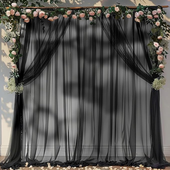20ft X 10ft Black Tulle Backdrop Curtain for Parites, Sheer Backdrop Curtains Fabric Drapes for Wedding Ceremony Arch Party Stage Decorations
