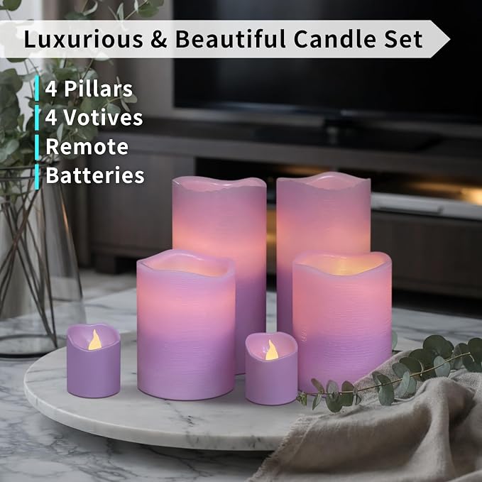 FURORA LIGHTING Purple Flameless Candles, 8-Pack Set with Remote & Timer | Includes 4 pillars and 4 votives. Creates a calming, rich purple mood glow perfect for meditation and bohemian home decor.
