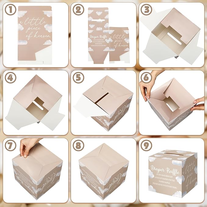 Teling 51 Pieces Diaper Raffle Tickets with Card Box Baby Shower Decorations Gender Reveal Holder Box for Girl Boy Diaper Raffle Party(Cloud 9 Style)