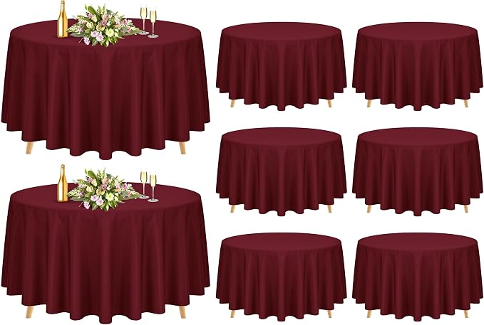 Pesonlook 8 Pack 90 Inch Burgundy Round Table Cloths, Premium Polyester Round Tablecloth Wrinkle Resistant Washable Table Cover for Wedding, Party, Dining,Banquet,Buffet