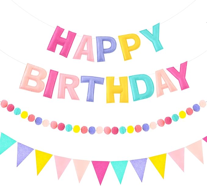 CANREVEL Pre-Strung 3D Happy Birthday Banner, 3 PCS Happy Birthday Felt Garland, Pom Pom Garland, Triangle Fabric Garland Bunting, Reusable Birthday Decorations for Women Men Girls Boys, Pastel Candy