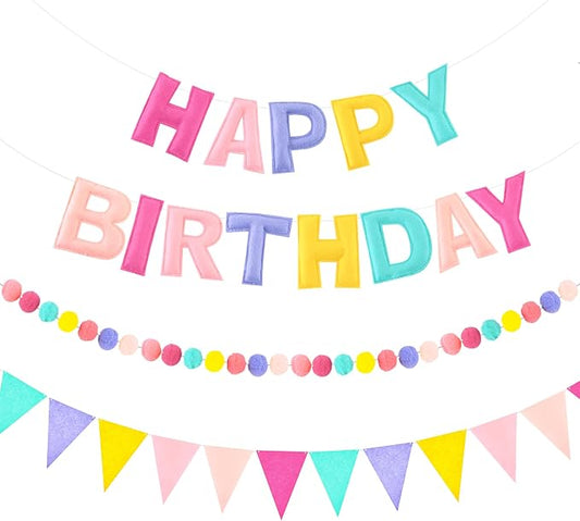 CANREVEL Pre-Strung 3D Happy Birthday Banner, 3 PCS Happy Birthday Felt Garland, Pom Pom Garland, Triangle Fabric Garland Bunting, Reusable Birthday Decorations for Women Men Girls Boys, Pastel Candy