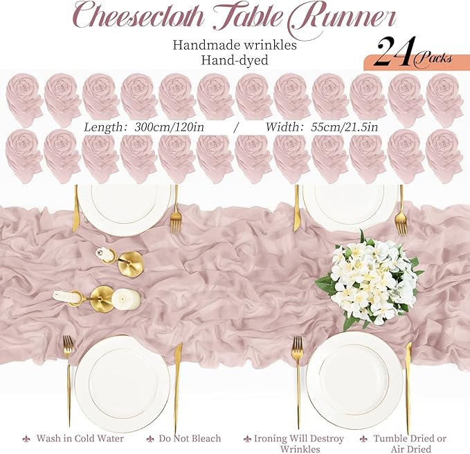 Teruntrue 24 Packs Pink Cheesecloth Table Runner,10ft Rustic Gauze Boho Wedding Table Runner Decoration, Wedding Table Decor Sheer Table Runner for Wedding Party Bridal Shower Table