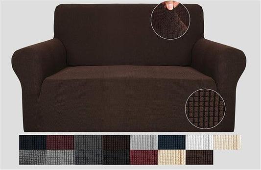JIVINER High Stretch 1-Piece Jacquard Small Checks Couch Covers for 2 Cushion Couch Anti Slip Love Seat Sofa Covers Loveseat Slipcovers Protector for Kids Pets (Loveseat, Coffee)