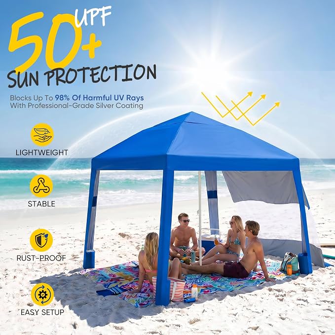 Sekey Beach Cabana - 8x8 FT Easy Setup Beach Shade Canopy UPF 50+ Sun Shelter with Sandbag & Side Wall, Large Portable Outdoor Tent for Family, Blue