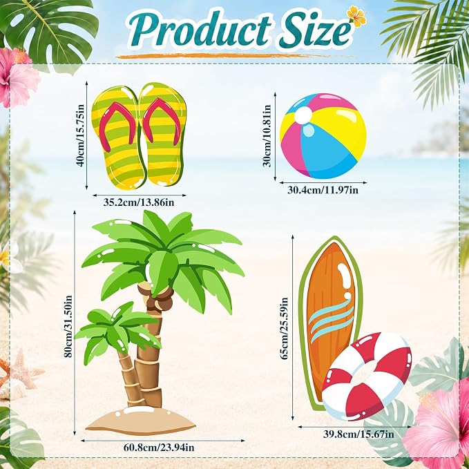 4 Pcs Large Summer Party Decorations, Hawaiian Yard Signs with Stakes Flip Flops Beach Ball Surfboard Palm Tree Cardboard Cutouts for Tropical Birthday Baby Shower Indoor Outdoor Photo Prop