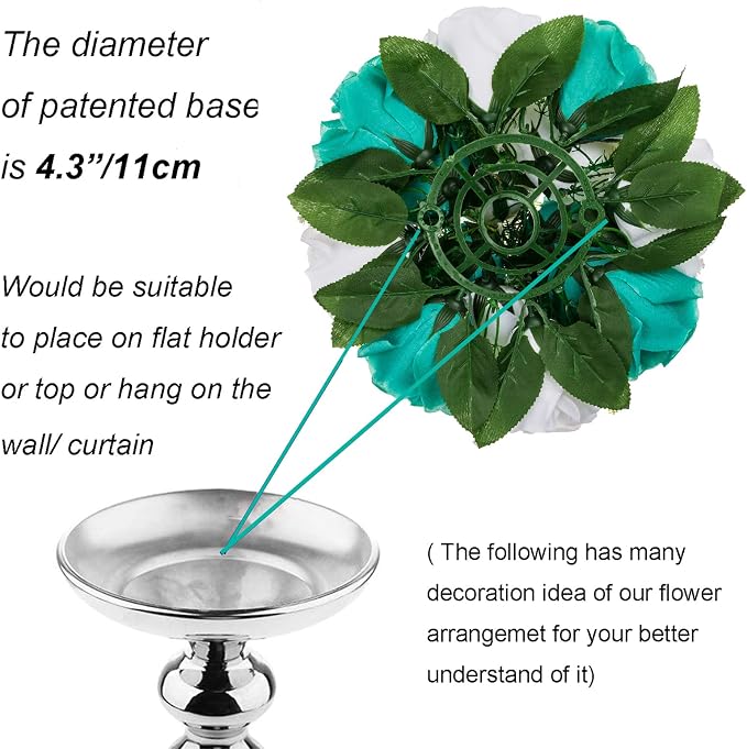 BLOSMON Teal Flowers Ball Decorations: 2 Pcs Fake Roses Table Centerpiece | Artificial Silk Kissing Bouquet Floral Arrangement for Home Party Wedding Event Decor (9.5 inch)