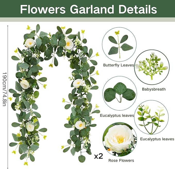 ASTRYAS 2 Pack 6.23Ft Artificial Eucalyptus Garland with Flowers, Fake Rose Garland Greenery Garlands Floral Vines for Wedding Spring Home Party Craft Art Table Runner Decor(White)