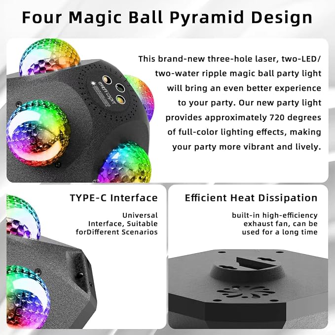 4 Disco Ball in 1 Party Lights Indoor Outdoor, Dj Laser Lights for Parties Decor Strobe Sound Activated Stage Disco Dj Light with Remote for Karaoke Birthday Wedding Club Christams