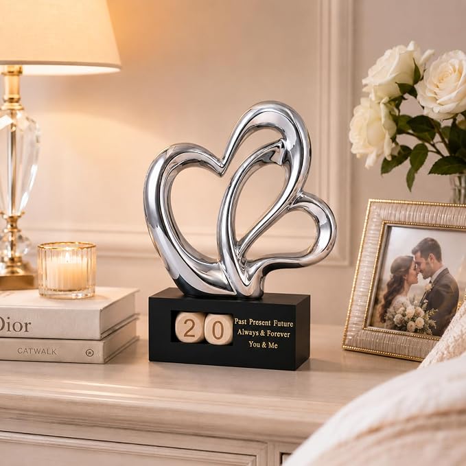 Ceramic Heart Sculpture with Date Blocks, Silver Hearts Statue for Home Decor, Romantic Valentines Day & Wedding for Couple, Shelf Mantel Tabletop Display (Silver)