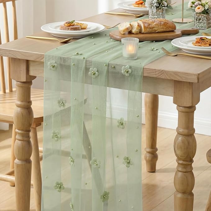 Artoid Mode Sage Green Flower Pearl Green Gauze Table Runner 10FT, Seasonal Sheer Dining Holiday Wedding Birthday Baby Shower Table Decor for Home Party