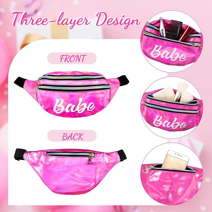 7 Pcs Bachelorette Party Fanny Pack Set Bride and Babe Pack Holographic Belt Laser Waist Bag with Adjustable Belt for Women Wedding Bridal Shower Party Favors