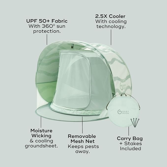 Babymoov Moov & Protect Anti-UV Cooling Beach Tent for Babies with Integrated Mosquito Net, Portable, Green Lagoon (Summer 2025 Edition)