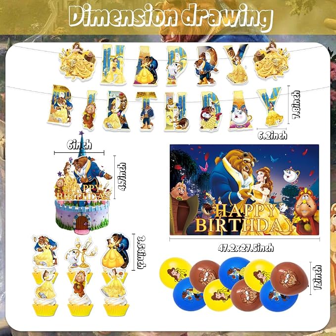 42Pack Beauty and the Beast Party Supplies Kit Set Include Banner ,Cake Topper ,Backdrop ,Balloons for Beauty and the Beast Birthday Party Decorations