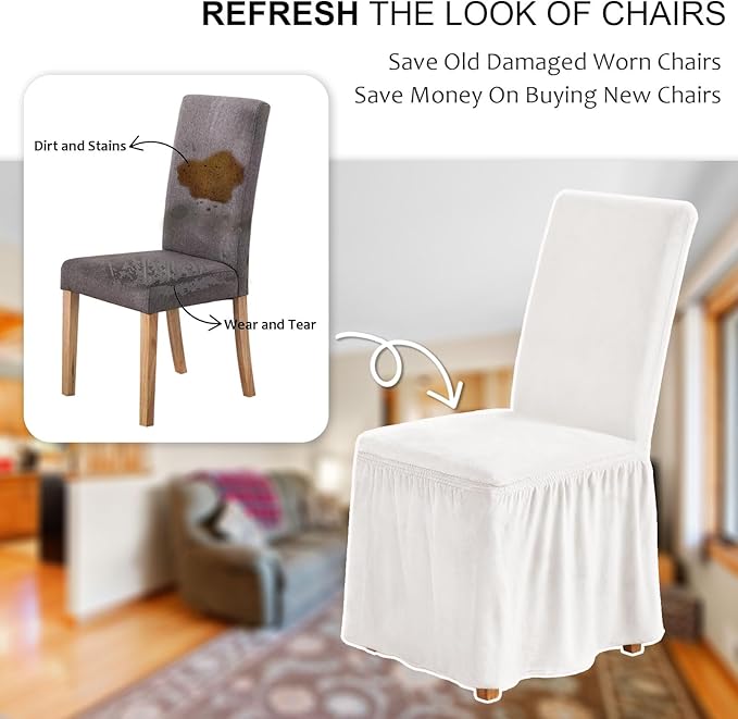 NICEEC Spandex Chair Covers for Dining Chairs Covers Set of 4 Removable Dining Room Chair Covers with Skirt Parson Chair Slipcovers Washable Chair Protector for Kitchen Wedding Party Banquet(White)