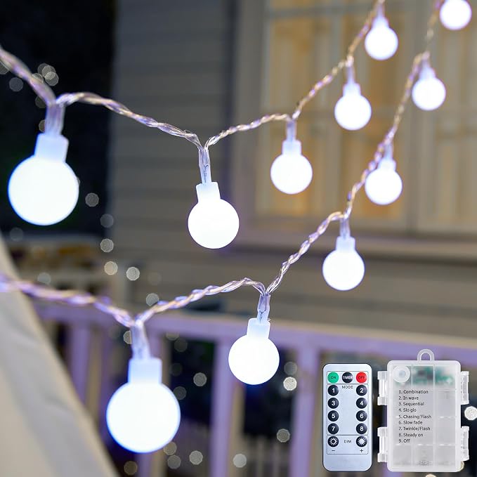 Globe String Lights Battery Operated - 21 Feet 60 Led Twinkle Fairy Lights, 8 Modes with Remote Mini Globe Lights for Indoor Outdoor Bedroom Party Wedding Garden Christmas Tree Decor, Pure White