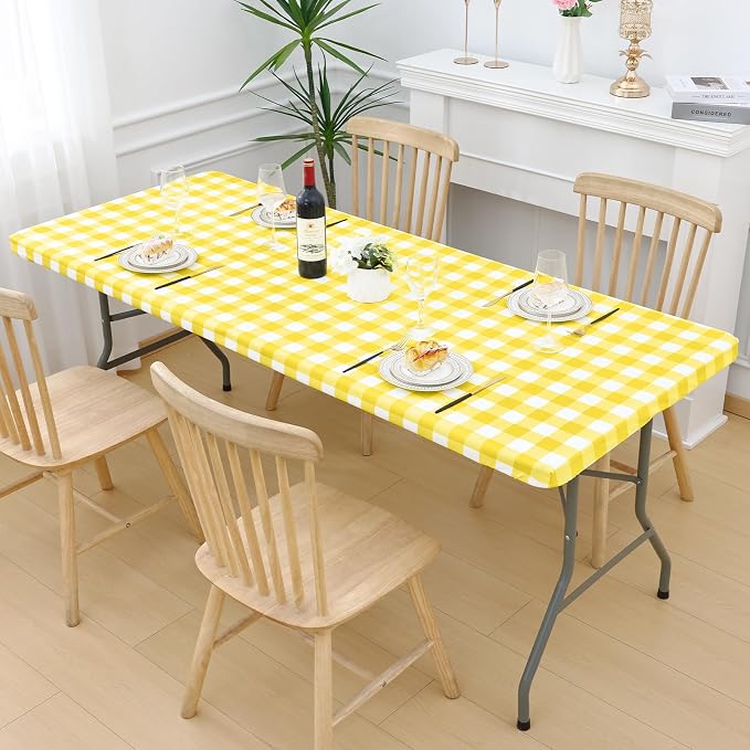 Smiry Picnic Table Cloth 6 Pack, Waterproof Elastic Fitted Tablecloths for 6FT Rectangle Tables, Washable Polyester Buffalo Plaid Tablecloth for Camping, Dining & Outdoor (Yellow & White, 30" x 72")